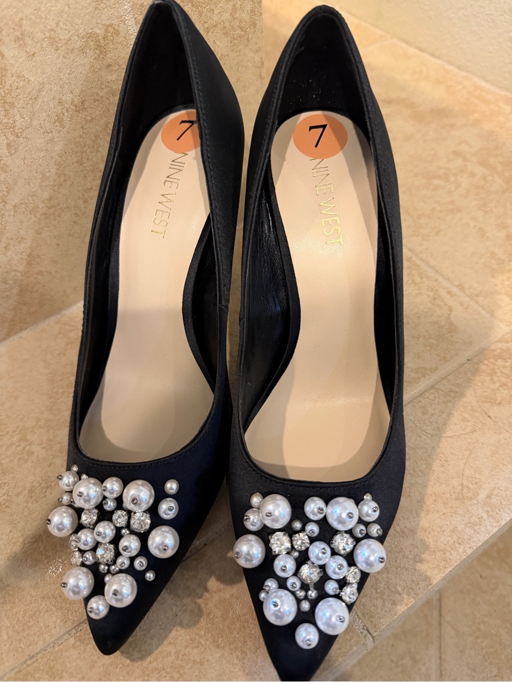 Nine West Black Pointed-Toe Pumps with Pearl & Crystal Cluster
